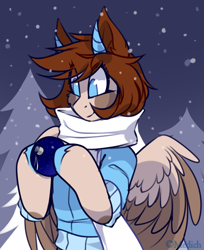 Size: 900x1101 | Tagged: safe, artist:mediasmile666, oc, oc only, pegasus, pony, bust, clothes, colored hooves, ear fluff, hoof hold, horn, scarf, snow, solo, sweater, tree, two toned wings, wings, winter