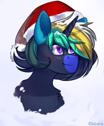 Size: 900x1096 | Tagged: safe, artist:mediasmile666, oc, oc only, pony, christmas, freckles, hat, holiday, santa hat, simple background, solo, white background