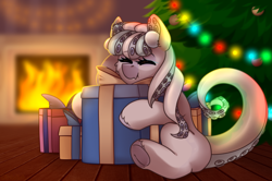 Size: 900x599 | Tagged: safe, artist:mediasmile666, oc, oc only, original species, christmas, christmas tree, fireplace, holiday, indoors, present, solo, tree, winter