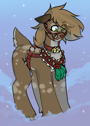 Size: 900x1263 | Tagged: safe, artist:mediasmile666, oc, oc only, deer, bell, bell collar, bridle, collar, deer oc, harness, holly, jingle bells, snow, solo, tack, winter