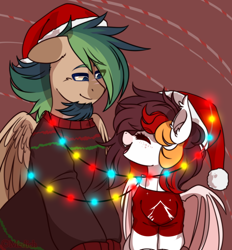 Size: 900x970 | Tagged: safe, artist:mediasmile666, oc, oc only, bat pony, pegasus, pony, abstract background, bat pony oc, christmas, duo, hat, holiday, male, santa hat, stallion