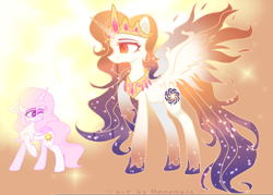 Size: 2036x1454 | Tagged: safe, artist:memengla, princess celestia, oc, oc:queen galaxia, alicorn, pony, g4, celestia and luna's mother, duo, female, filly, filly celestia, floppy ears, looking down, mare, mother and child, mother and daughter, pink-mane celestia, smiling, younger