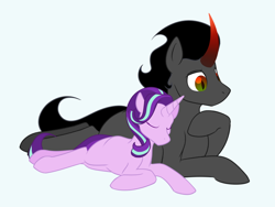 Size: 1000x750 | Tagged: safe, artist:enigmadoodles, king sombra, starlight glimmer, pony, g4, female, lying down, male, prone, shipping, simple background, starlightsombra, straight