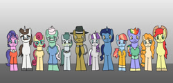 Size: 1280x615 | Tagged: safe, artist:platinumdrop, bow hothoof, bright mac, cloudy quartz, cookie crumbles, gentle breeze, hondo flanks, igneous rock pie, night light, pear butter, posey shy, twilight velvet, windy whistles, earth pony, pegasus, pony, unicorn, g4, dad six, female, male, mare, mom six, parent, request, stallion