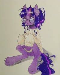 Size: 2333x2916 | Tagged: safe, artist:rover, sci-twi, twilight sparkle, alicorn, pony, unicorn, equestria girls, g4, clothes, cute, glasses, high res, shy, sweater, twilight sparkle (alicorn)