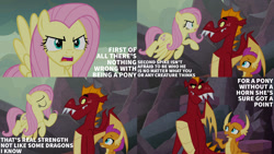 Size: 1280x720 | Tagged: safe, edit, edited screencap, editor:quoterific, screencap, fluttershy, garble, smolder, dragon, pegasus, pony, g4, season 9, sweet and smoky, angry, dragoness, eyes closed, female, flying, implied spike, male, mare, open mouth, spread wings, teeth, trio, wings