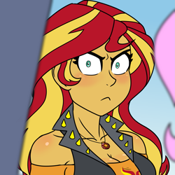 Size: 1417x1417 | Tagged: safe, artist:nsfani21, fluttershy, sunset shimmer, equestria girls, equestria girls specials, g4, my little pony equestria girls: better together, my little pony equestria girls: rollercoaster of friendship, angry, blushing, breasts, busty sunset shimmer, clothes, explicit source, female, female focus, geode of empathy, if looks could kill, looking at you, magical geodes, solo focus, vest