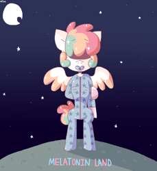 Size: 1336x1456 | Tagged: safe, artist:spritecranbirdie, oc, oc only, oc:al kohal, pegasus, pony, anorexic, bipedal, clothes, covered eyes, ethereal mane, freckles, male, moon, multicolored hair, night, onesie, pacifier, pajamas, skinny, solo, standing, starry mane, stars, text, thin, two toned wings, wings