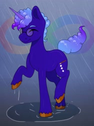 Size: 3000x4000 | Tagged: safe, artist:incendiarymoth, oc, oc only, oc:indigo rainstar, pony, unicorn, glasses, male, rain, solo, stallion