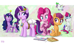 Size: 1200x700 | Tagged: safe, artist:uotapo, cloudpuff, izzy moonbow, pinkie pie, pipp petals, rarity, scootaloo, spike, starlight glimmer, sunny starscout, twilight sparkle, zipp storm, alicorn, dragon, earth pony, pegasus, pony, unicorn, g4, g5, alternate hairstyle, ball, bandage, blushing, book, bound wings, braided ponytail, braiding, cellphone, clothes, cloud, confidential, confused, cosplay, costume, cute, cutealoo, diadem, diapinkes, envelope, fake cutie mark, fake wings, female, filly, flying, foal, for your eyes only, g4 to g5, glimmerbetes, hair dye, hair tie, horn, horn impalement, hornball, implied cloudpuff, implied earth pony, implied izzy moonbow, implied pegasus, implied pipp petals, implied sunny starscout, implied unicorn, implied zipp storm, izzy's tennis ball, light skin, mare, marshmelodrama, open mouth, orange skin, paint, phone, pink skin, purple skin, raribetes, rarity being rarity, sitting, smartphone, spikabetes, spike is not amused, sweat, sweatdrop, tennilight sparkle, tennis ball, tongue out, twiabetes, twilight sparkle (alicorn), unamused, underhoof, uotapo is trying to murder us, winged spike, wings