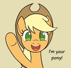Size: 2000x1900 | Tagged: safe, artist:sazanamibd, applejack, earth pony, pony, g4, female, looking at you, mare, no pupils, open mouth, open smile, raised leg, simple background, smiling, solo, talking to viewer, text, underhoof, waving