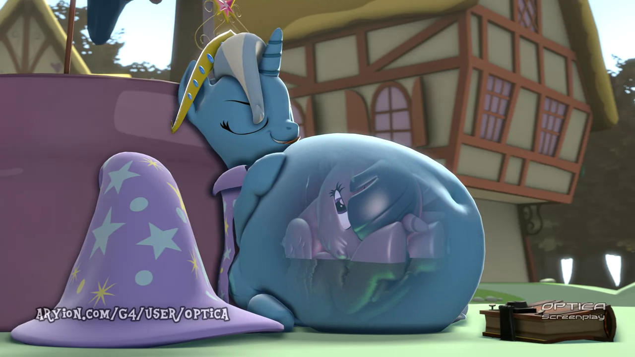 2648286 - questionable, artist:optica, trixie, twilight sparkle, alicorn,  unicorn, 3d, animated, belly, bellyrubs, big belly, blinking, cape,  clothes, cramped, cutaway, female, femdom, femsub, hat, huge belly,  impossibly large belly, internal, mare, mare