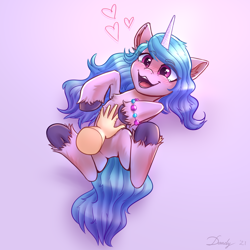 Size: 2126x2126 | Tagged: safe, artist:dandy, izzy moonbow, human, pony, unicorn, g5, my little pony: a new generation, bellyrubs, blushing, bracelet, chest fluff, cute, disembodied hand, drawthread, ear fluff, featureless crotch, female, floating heart, hand, heart, high res, hoof fluff, horn, izzybetes, jewelry, laughing, looking at you, mare, open mouth, open smile, smiling, solo, tears of laughter, teary eyes, tickling, underhoof, unshorn fetlocks