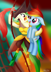 Size: 2480x3508 | Tagged: safe, artist:leonkay, captain celaeno, rainbow dash, pony, g4, my little pony: the movie, duo, duo female, female, high res, holding a pony, mare, rope