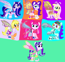 Size: 1428x1368 | Tagged: safe, artist:mlplary6, applejack, fluttershy, pinkie pie, rainbow dash, rarity, starlight glimmer, twilight sparkle, alicorn, earth pony, fairy, fairy pony, original species, pegasus, unicorn, aisha, alternate hairstyle, alternate mane seven, barely pony related, believix, bloom (winx club), blue wings, boots, clothes, colored wings, crossover, fairies, fairies are magic, fairy wings, fairyized, fingerless gloves, flora (winx club), gloves, gradient wings, green wings, headband, high heel boots, high heels, layla, long hair, long mane, mane six, musa, pink wings, purple wings, roxy (winx club), shoes, sparkly wings, stella (winx club), tecna, twilight sparkle (alicorn), wings, winx, winx club, winxified