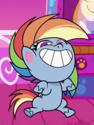 Size: 750x1000 | Tagged: safe, screencap, rainbow dash, pegasus, pony, g4.5, little miss fortune, my little pony: pony life, spoiler:pony life s02e20, cropped, faic, female, funny face, grin, mare, rainbow dash is best facemaker, smiling