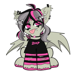Size: 1500x1500 | Tagged: safe, artist:etoz, oc, oc only, oc:gravel shine, bat pony, pony, :p, bat pony oc, bat wings, chibi, choker, clothes, collar, cute, ear piercing, earring, emo, fangs, jewelry, male, piercing, shirt, simple background, sketch, stallion, t-shirt, tongue out, transparent background, wings