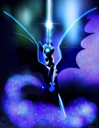 Size: 2359x3043 | Tagged: safe, artist:rainblueart, nightmare moon, alicorn, pony, g4, bat wings, female, glowing eyes, high res, magic, mare, solo, wings