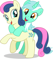 Size: 3277x3659 | Tagged: safe, artist:starcollider, bon bon, lyra heartstrings, sweetie drops, earth pony, pony, unicorn, g4, adorabon, background pony, base used, best friends, cute, duo, duo female, female, high res, leaning, lyrabetes, mare, open mouth, open smile, raised hoof, simple background, smiling, transparent background, vector