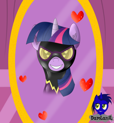 Size: 3840x4154 | Tagged: safe, alternate version, artist:damlanil, twilight sparkle, alicorn, pony, g4, blushing, carousel boutique, catsuit, clothes, costume, cute, female, grin, happy, heart, heart eyes, horn, latex, latex suit, looking at you, mare, mirror, open mouth, rubber, shadowbolts, shadowbolts costume, shine, shiny, simple background, smiling, solo, suit, twiabetes, twilight sparkle (alicorn), vector, wingding eyes, wings