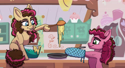 Size: 7010x3812 | Tagged: safe, artist:celestial-rainstorm, oc, oc only, oc:cherry chimichanga, oc:confetti cake, earth pony, pony, absurd resolution, batter, female, filly, food, mittens, offspring, parent:cheese sandwich, parent:pinkie pie, parents:cheesepie