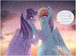 Size: 2088x1564 | Tagged: safe, artist:aaa-its-spook, rainbow dash, twilight sparkle, alicorn, pegasus, pony, g4, belly button, blushing, chest fluff, female, hooves on cheeks, lesbian, looking at each other, ship:twidash, shipping, smiling, twilight sparkle (alicorn)