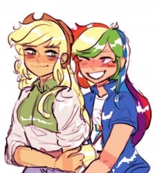 Size: 1537x1714 | Tagged: safe, artist:sunricello, applejack, rainbow dash, equestria girls, g4, applejack's hat, belt, blushing, clothes, cowboy hat, female, grin, hat, hug, human coloration, jacket, lesbian, looking at each other, one eye closed, ship:appledash, shipping, shirt, simple background, skirt, smiling, white background, wink