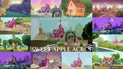 Size: 1280x721 | Tagged: safe, edit, edited screencap, editor:quoterific, screencap, applejack, rainbow dash, spike, twilight sparkle, alicorn, dragon, earth pony, pegasus, pig, pony, 28 pranks later, apple family reunion, bats!, castle sweet castle, g4, going to seed, growing up is hard to do, season 1, season 2, season 3, season 4, season 5, season 6, season 9, simple ways, sisterhooves social, somepony to watch over me, the cutie pox, the cutie re-mark, the show stoppers, the ticket master, alternate timeline, apple, applejack's hat, backpack, cowboy hat, crystal war timeline, female, food, hat, hatless, missing accessory, moon, night, sun, sunrise, sweet apple acres, tree, twilight sparkle (alicorn)