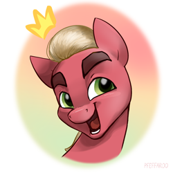 Size: 2048x2048 | Tagged: safe, artist:pfeffaroo, sprout cloverleaf, earth pony, pony, g5, bust, gradient background, high res, male, portrait, smiling, solo, stallion