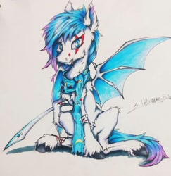 Size: 1243x1280 | Tagged: safe, artist:creature.exist, oc, oc only, oc:vardar.lucidity, bat pony, pony, bandage, bat wings, blade, clothes, edge, fluffy, scar, scarf, solo, traditional art, weapon, wings