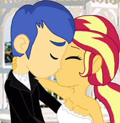 Size: 1988x2036 | Tagged: safe, artist:bigpurplemuppet99, flash sentry, sunset shimmer, equestria girls, g4, female, kissing, male, marriage, ship:flashimmer, shipping, straight, wedding