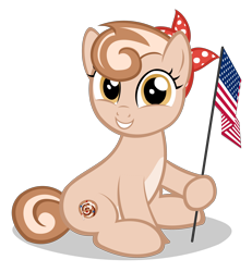 Size: 2720x2940 | Tagged: safe, artist:strategypony, oc, oc:cinnamon spangled, earth pony, pony, 4th of july, american flag, american independence day, bandana, cute, female, filly, flag, foal, high res, holding a flag, holiday, looking at you, united states