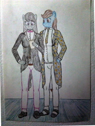 Size: 3120x4160 | Tagged: safe, artist:mildgyth, beauty brass, octavia melody, anthro, plantigrade anthro, ziragshabdarverse, g4, bowtie, clothes, eyebrows, eyebrows visible through hair, necktie, pants, shoes, spats, traditional art, tuxedo