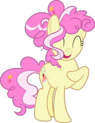 Size: 7117x9281 | Tagged: safe, artist:shootingstarsentry, oc, oc only, oc:sugar cube, earth pony, pony, absurd resolution, eyes closed, female, hoof on chest, mare, offspring, open mouth, open smile, parent:cheese sandwich, parent:pinkie pie, parents:cheesepie, simple background, smiling, solo, transparent background