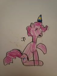 Size: 3024x4032 | Tagged: safe, artist:joeydr, pinkie pie, earth pony, pony, g4, atg 2021, eyes closed, female, hat, mare, newbie artist training grounds, party hat, raised hoof, signature, solo