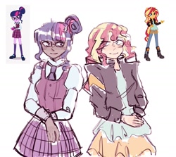 Size: 2048x1823 | Tagged: safe, artist:sunricello, sci-twi, sunset shimmer, twilight sparkle, equestria girls, g4, clothes, crystal prep academy uniform, dark skin, dress, female, glasses, human coloration, jacket, leather jacket, lesbian, looking at each other, necktie, school uniform, ship:sci-twishimmer, ship:sunsetsparkle, shipping, shirt, simple background, skirt, vest, white background