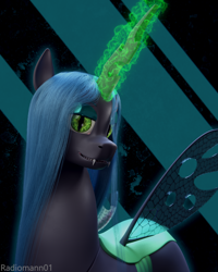 Size: 2000x2500 | Tagged: safe, artist:radiomann01, queen chrysalis, changeling, changeling queen, g4, 3d, bust, fangs, female, glowing horn, grin, high res, horn, looking at you, magic, mane, missing accessory, portrait, render, sharp teeth, simple background, smiling, solo, teeth, wings