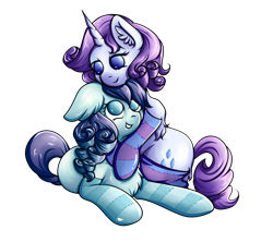 Size: 3848x3420 | Tagged: safe, artist:coco-drillo, coloratura, rarity, earth pony, pony, unicorn, g4, alternate hairstyle, chest fluff, clothes, ear fluff, female, floppy ears, high res, hug, hugging a pony, lesbian, looking down, looking up, lying down, mare, ship:rarararara, shipping, simple background, sitting, socks, stockings, striped socks, thigh highs, transparent background