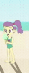 Size: 136x336 | Tagged: safe, screencap, lily pad (g4), aww... baby turtles, equestria girls, g4, my little pony equestria girls: better together, animated, barefoot, beach, clothes, cropped, cute, feet, female, food, gif, ice cream, licking, one-piece swimsuit, solo focus, standing, swimsuit