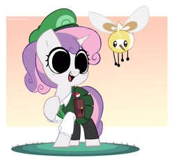 Size: 2343x2150 | Tagged: safe, artist:syrupyyy, sweetie belle, cutiefly, pony, unicorn, g4, alternate hairstyle, bag, belt, clothes, cosplay, costume, crossover, cute, diasweetes, female, filly, hat, high res, open mouth, pants, poké ball, pokémon, pokémon trainer, ponytail, raised hoof, shirt, skirt, solo