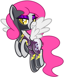 Size: 5244x6352 | Tagged: safe, alternate version, artist:severity-gray, oc, oc only, oc:storm cloud, pegasus, pony, alternate timeline, bedroom eyes, clothes, costume, eyeshadow, flying, grin, hooves together, latex, latex suit, looking at you, makeup, nightmare takeover timeline, rubber, rubber suit, shadowbolts costume, shiny, simple background, slit pupils, smiling, solo, spread wings, transparent background, uniform, wings