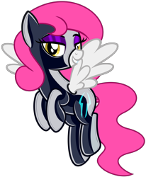 Size: 5244x6352 | Tagged: safe, alternate version, artist:severity-gray, oc, oc only, oc:storm cloud, pegasus, pony, bedroom eyes, clothes, costume, eyeshadow, flying, grin, hooves together, latex, latex suit, looking at you, makeup, rubber, rubber suit, shiny, simple background, smiling, solo, spread wings, storm king's emblem, storm kingdom, symbol, transparent background, wings