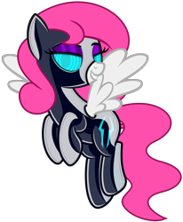 Size: 5244x6352 | Tagged: safe, alternate version, artist:severity-gray, oc, oc only, oc:storm cloud, pegasus, pony, bedroom eyes, clothes, costume, eyeshadow, flying, glowing eyes, grin, hooves together, latex, latex suit, looking at you, makeup, mind control, rubber, rubber suit, shiny, simple background, smiling, solo, spread wings, storm king's emblem, storm kingdom, swirly eyes, symbol, transparent background, wings