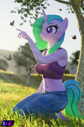 Size: 2160x3240 | Tagged: safe, artist:shadowboltsfm, oc, oc only, oc:fiona mahri, butterfly, unicorn, anthro, plantigrade anthro, 3d, barefoot, beautiful, belly button, big breasts, blender, breasts, clothes, crepuscular rays, cute, eyelashes, feet, female, grass, high res, jeans, midriff, not sfm, pants, smiling, solo, sports bra