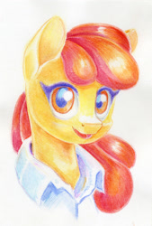Size: 700x1036 | Tagged: safe, artist:maytee, apple bloom, earth pony, pony, g4, bust, clothes, colored pencil drawing, looking at you, portrait, shirt, smiling, solo, traditional art