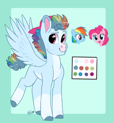 Size: 1907x2048 | Tagged: safe, artist:moccabliss, pinkie pie, rainbow dash, oc, pegasus, pony, g4, magical lesbian spawn, male, offspring, parent:pinkie pie, parent:rainbow dash, parents:pinkiedash, stallion