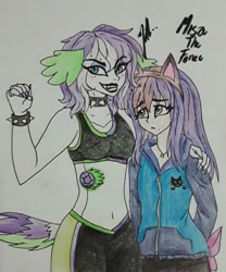 Size: 720x866 | Tagged: safe, artist:theumbramistress, oc, oc:amethyst, oc:ragdoll, hybrid, equestria girls, g4, belly button, cat ears, choker, clothes, duo, female, half-siblings, hand on shoulder, hoodie, interspecies offspring, midriff, offspring, parent:ragamuffin, parent:rarity, parent:spike, parents:rarimuffin, parents:sparity, siblings, sisters, spiked choker, spiked wristband, sports bra, traditional art, wristband