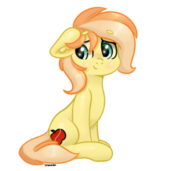 Size: 1634x1567 | Tagged: safe, artist:yelowcrom, oc, oc only, oc:fruitlines, earth pony, pony, beanbrows, eyebrows, eyebrows visible through hair, female, floppy ears, looking back, mare, simple background, smiling, solo