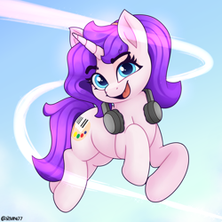 Size: 2500x2500 | Tagged: safe, artist:rivin177, oc, oc only, oc:rivin, pony, unicorn, blue eyes, headphones, high res, jumping, purple hair, purple pony, solo