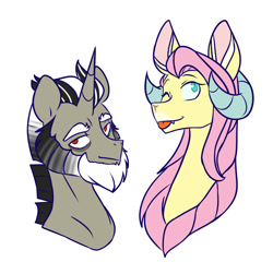 Size: 1280x1230 | Tagged: safe, artist:chub-wub, discord, fluttershy, draconequus, pony, unicorn, g4, :p, alternate hairstyle, beard, bust, draconequified, duo, duo male and female, facial hair, female, flutterequus, horns, looking at you, male, one eye closed, ponified, pony discord, simple background, species swap, stallion, tongue out, white background, wink